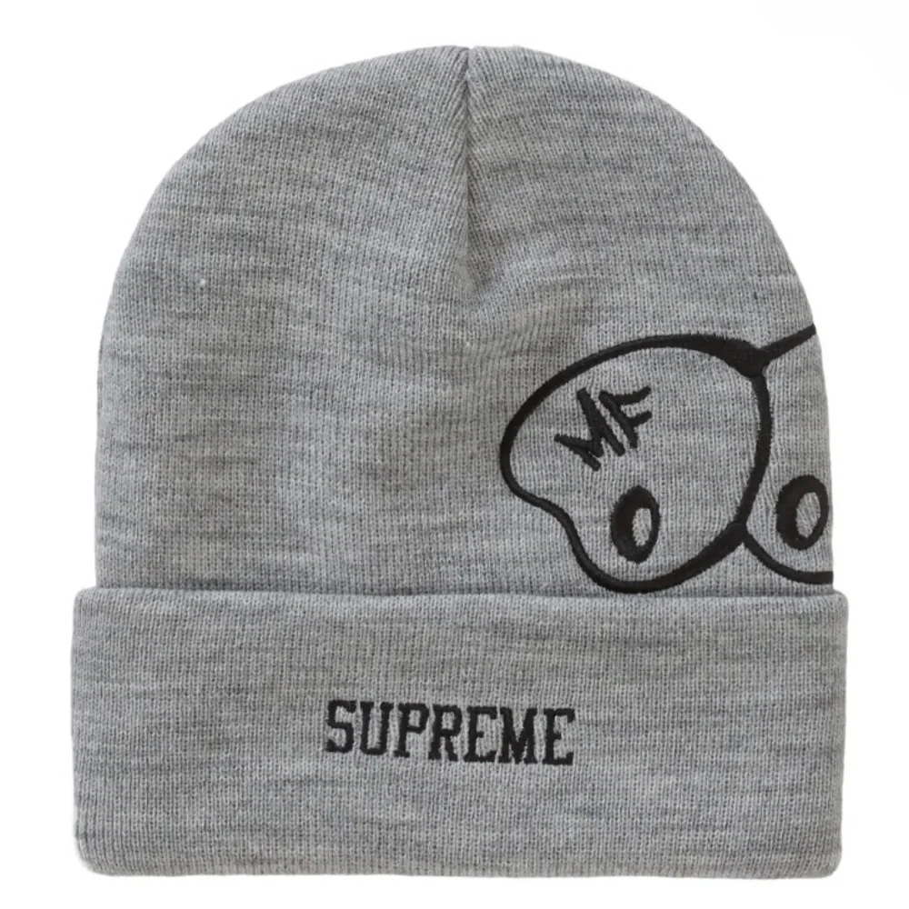NWT FW23 SUPREME NEW YORK x MF DOOM LOGO BOGO HEATHER GREY BEANIE KNIT HAT RARE - Picture 4 of 5